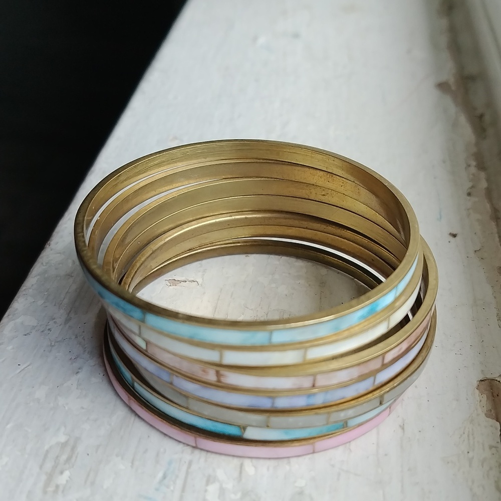 Mother of Pearl Shell Inlay Bangle Bracelet Stacking Lot